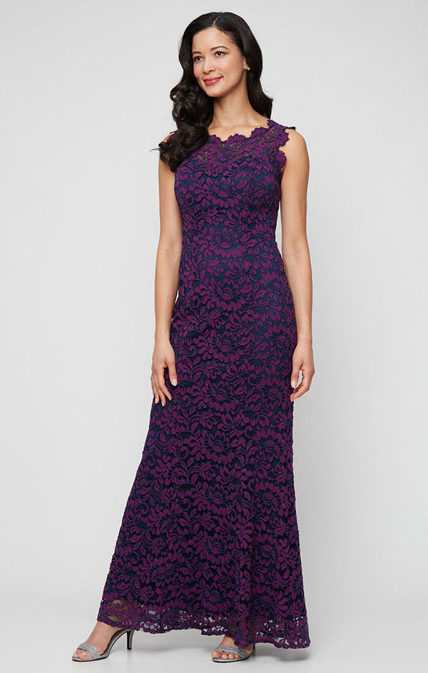 Petite Long Sleeveless Lace Mermaid Dress with Illusion Neckline and Scallop Detail