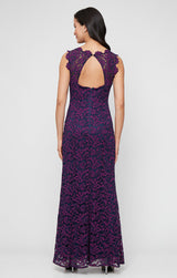 Petite Long Sleeveless Lace Mermaid Dress with Illusion Neckline and Scallop Detail