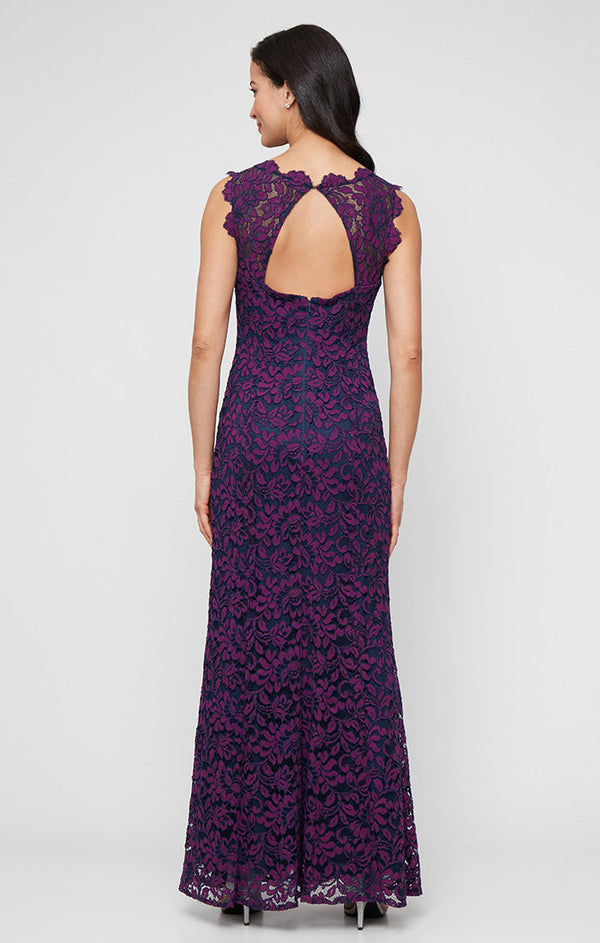 Petite Long Sleeveless Lace Mermaid Dress with Illusion Neckline and Scallop Detail