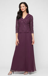 Petite Long Stretch Lace Mock Dress with Portrait Collar Neckline and Chiffon Skirt