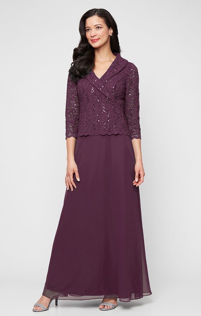 Petite Long Stretch Lace Mock Dress with Portrait Collar Neckline and Chiffon Skirt