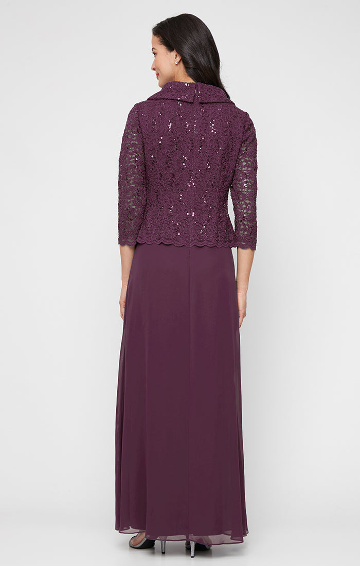 Petite Long Stretch Lace Mock Dress with Portrait Collar Neckline and Chiffon Skirt