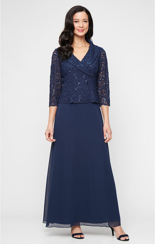 Plus Long Stretch Lace Mock Dress with Portrait Collar Neckline and Chiffon Skirt