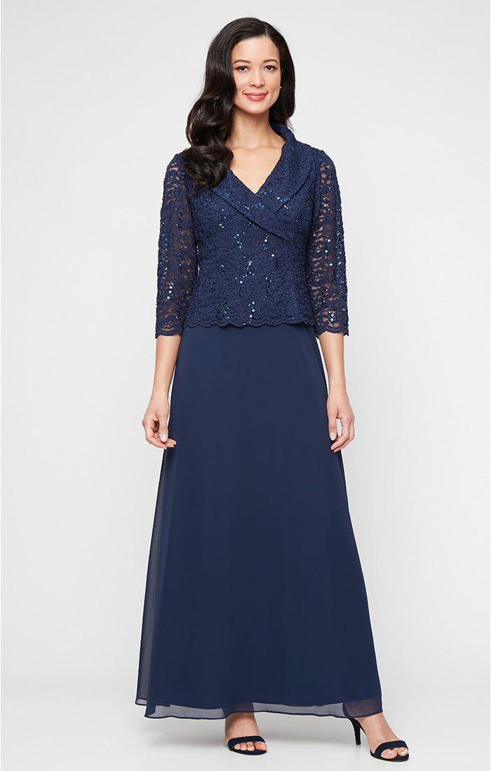 Plus Long Stretch Lace Mock Dress with Portrait Collar Neckline and Chiffon Skirt