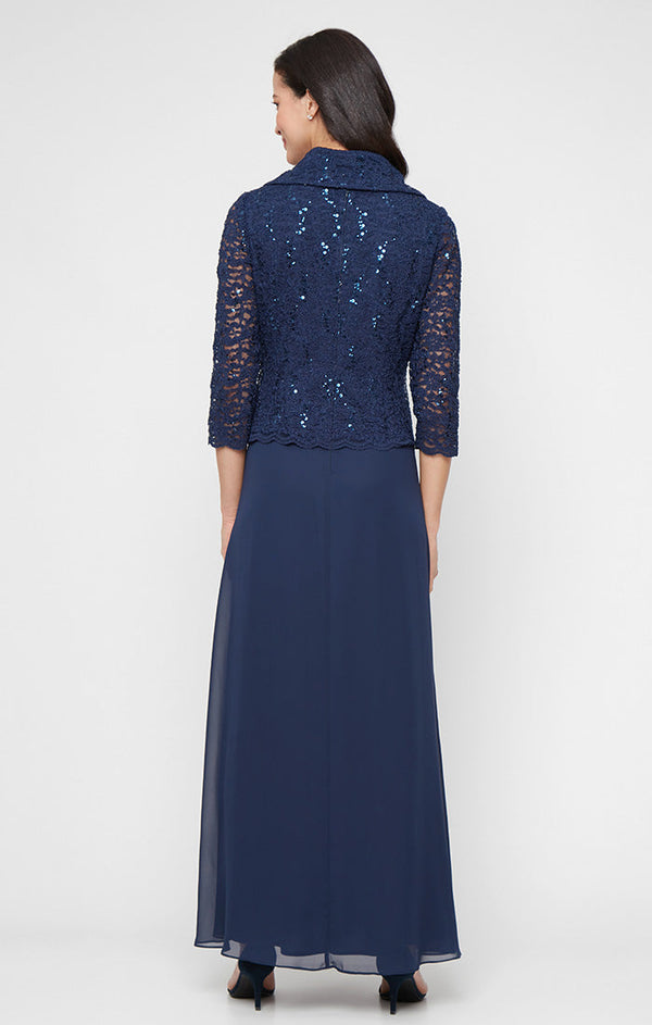 Plus Long Stretch Lace Mock Dress with Portrait Collar Neckline and Chiffon Skirt
