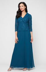 Long Stretch Lace Mock Dress with Portrait Collar Neckline and Chiffon Skirt
