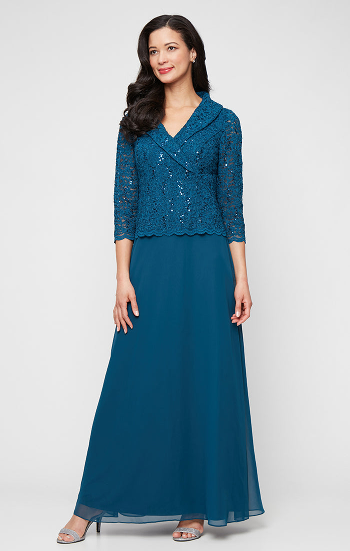 Long Stretch Lace Mock Dress with Portrait Collar Neckline and Chiffon Skirt