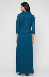Long Stretch Lace Mock Dress with Portrait Collar Neckline and Chiffon Skirt