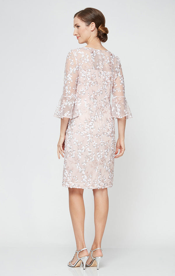 Short Embroidered Sequin Lace Sheath Dress with Illusion Neckline, 3/4 Bell Sleeves
