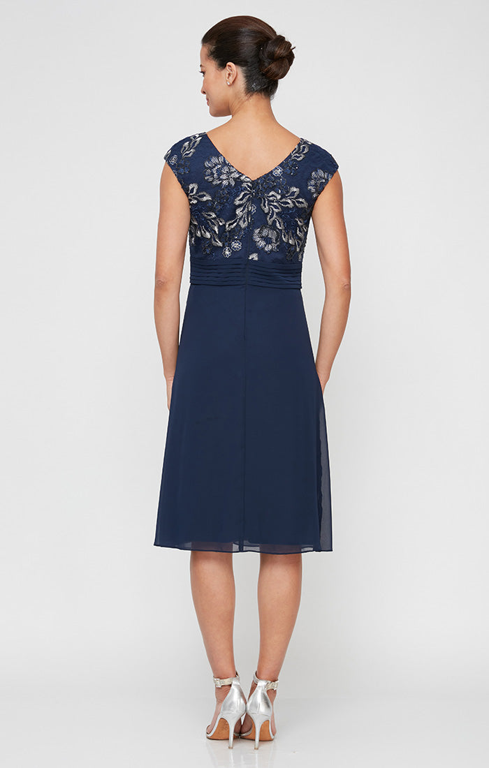 A-Line Stretch Tulle Dress with Embroidered Empire Bodice, Pleated Detail & Cascade Skirt