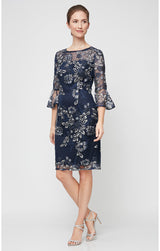Petite - Embroidered Sheath Cocktail Dress with Illusion Neckline & Bell Sleeves