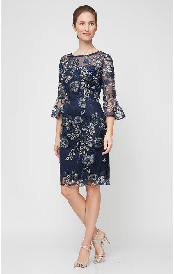 Petite - Embroidered Sheath Cocktail Dress with Illusion Neckline & Bell Sleeves