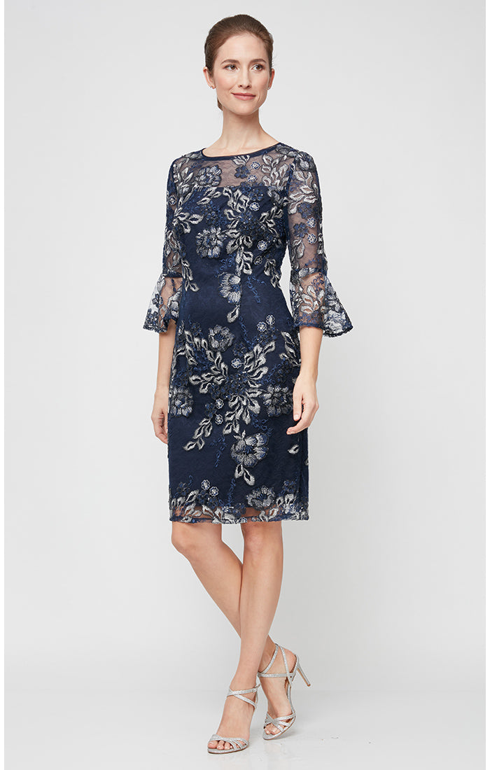 Petite - Embroidered Sheath Cocktail Dress with Illusion Neckline & Bell Sleeves