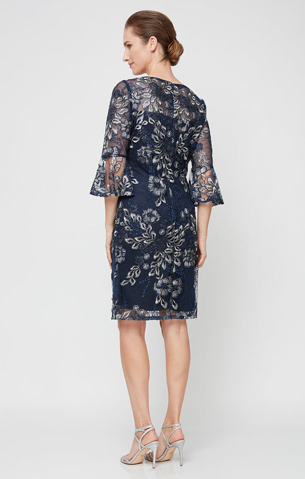 Petite - Embroidered Sheath Cocktail Dress with Illusion Neckline & Bell Sleeves