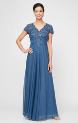 Petite Long Surplice Neckline A-Line Dress with Embroidered Pleated Waist and Scallop Detail