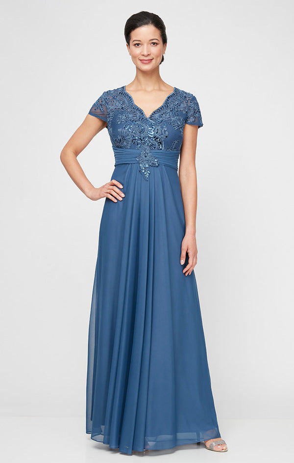 Petite Long Surplice Neckline A-Line Dress with Embroidered Pleated Waist and Scallop Detail