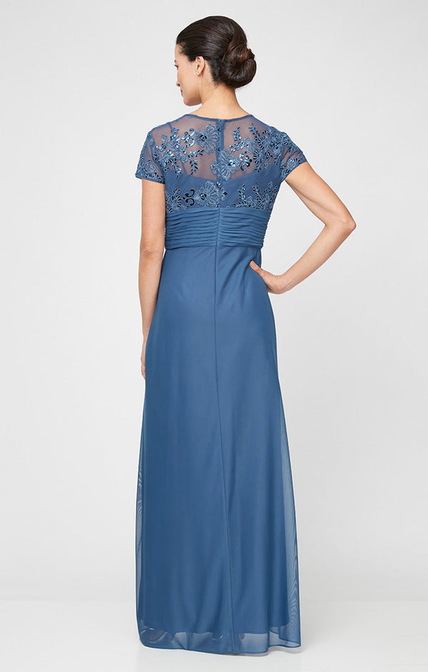 Plus Long Surplice Neckline A-Line Dress with Embroidered Pleated Waist and Scallop Detail