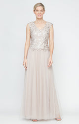Petite - Long V-Neck Embroidered Mock Dress with Cap Sleeves and Full Skirt
