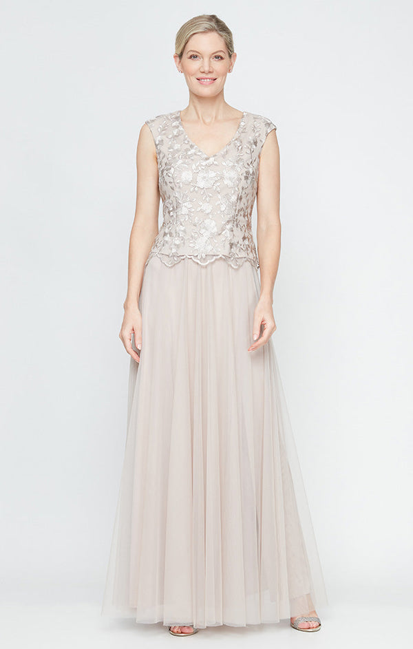 Petite - Long V-Neck Embroidered Mock Dress with Cap Sleeves and Full Skirt