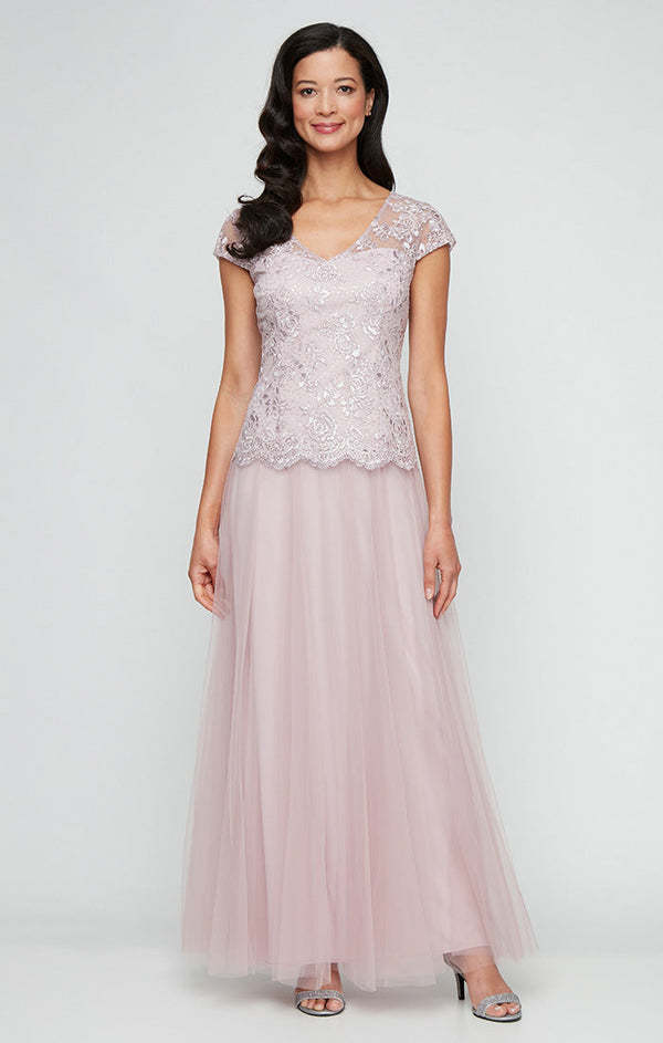 Regular - Long Embroidered Mock Dress with V-Neckline, Cap Sleeves and Full Tulle Skirt