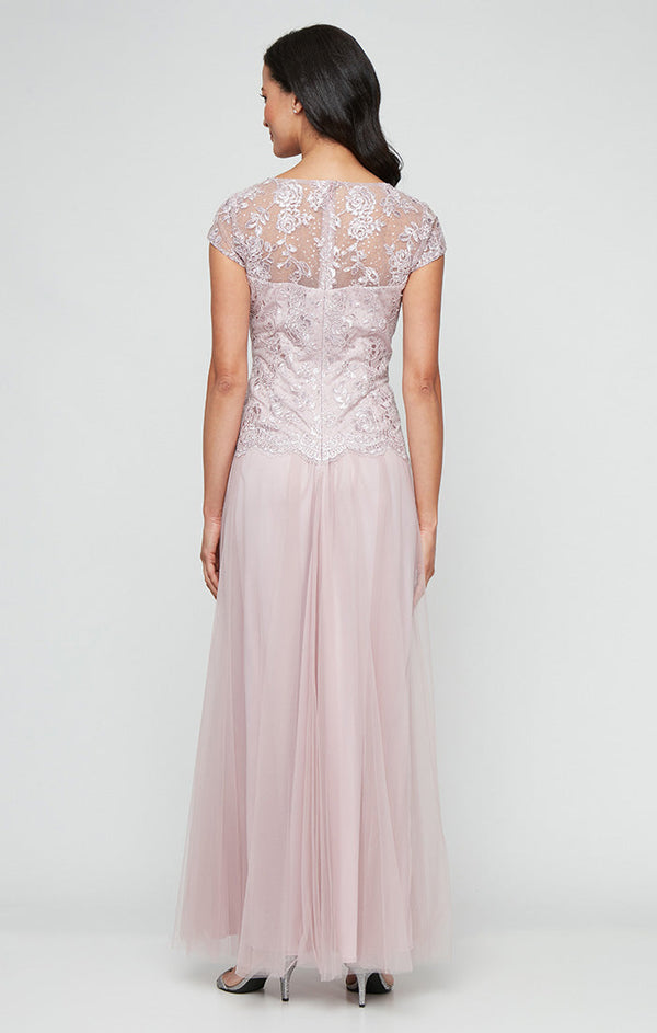 Regular - Long Embroidered Mock Dress with V-Neckline, Cap Sleeves and Full Tulle Skirt