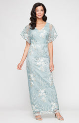 Long V-Neck Embroidered Dress with Kimono Inset Sleeve