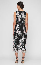 Regular - Midi Embroidered Sleeveless Dress with Scallop Hem Detail and Tie Belt