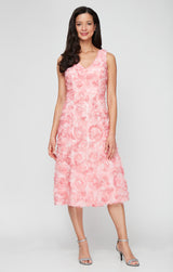 Sleeveless Midi Tulle Rosette A-Line Dress Dress with V-Neckline