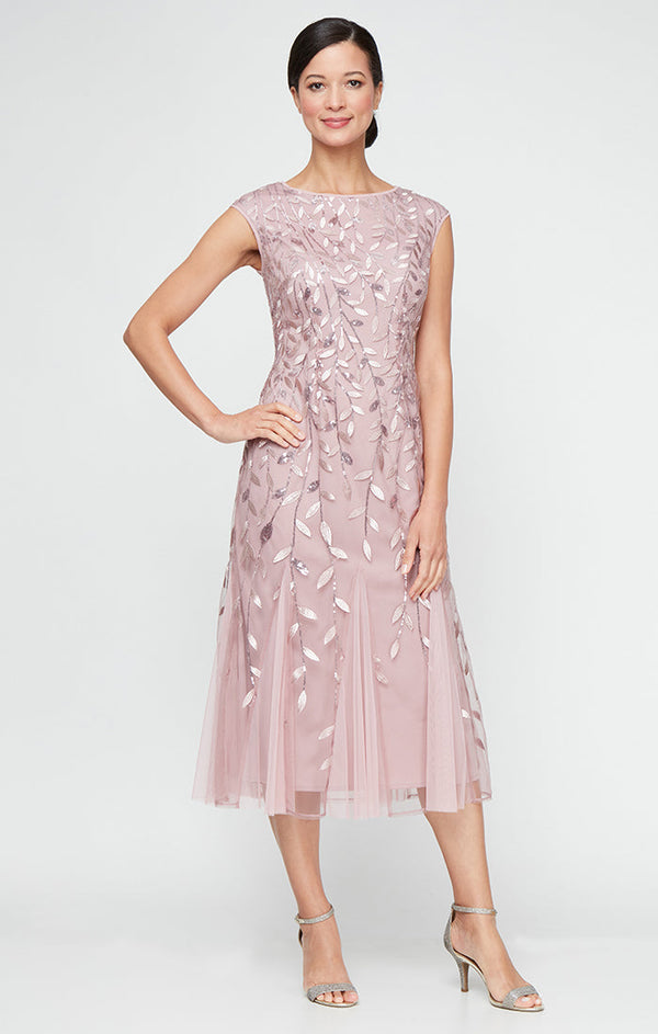 Plus - Midi Embroidered Dress with Illusion Neckline and Godet Detail Skirt