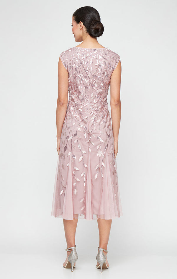 Plus - Midi Embroidered Dress with Illusion Neckline and Godet Detail Skirt