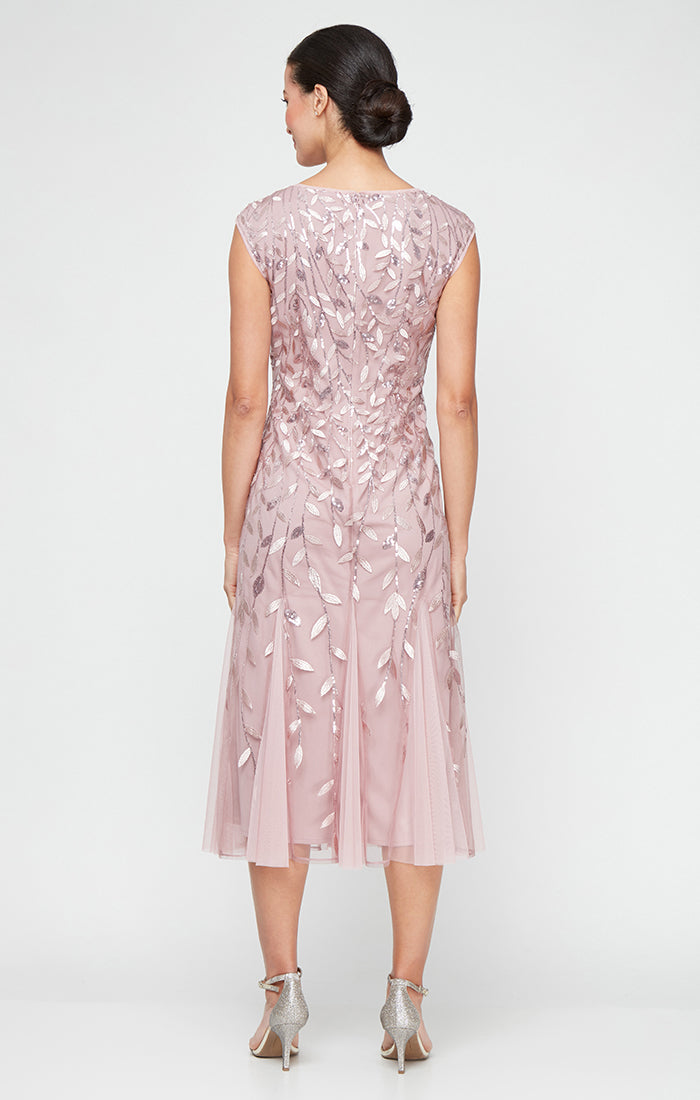 Plus - Midi Embroidered Dress with Illusion Neckline and Godet Detail Skirt
