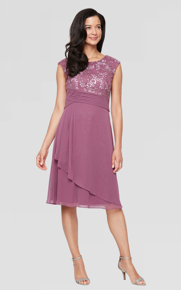 Petite Midi Embroidered Empire Waist Dress with V-Neckline, Ruched Waist, Mesh Skirt and Cap Sleeves
