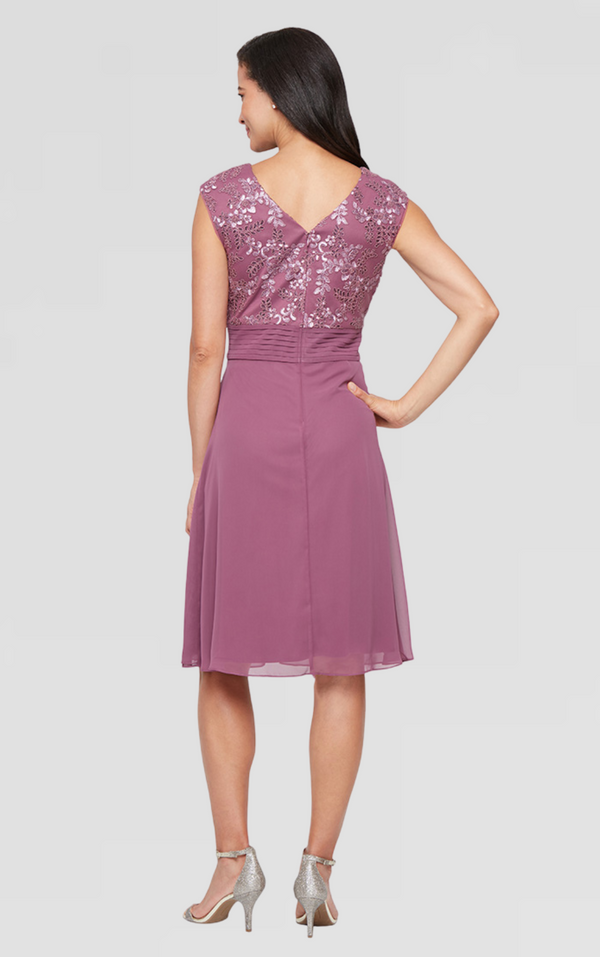 Petite Midi Embroidered Empire Waist Dress with V-Neckline, Ruched Waist, Mesh Skirt and Cap Sleeves