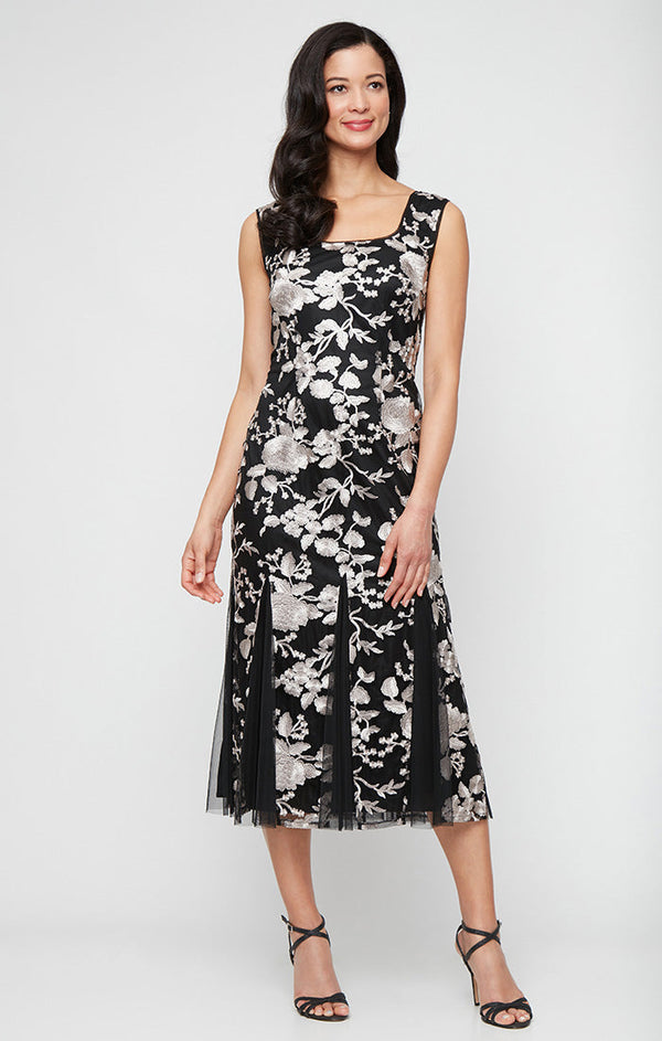 Midi Embroidered Jacket Dress with Square Neckline, Godet Detail Skirt and Elbow Sleeve Jacket