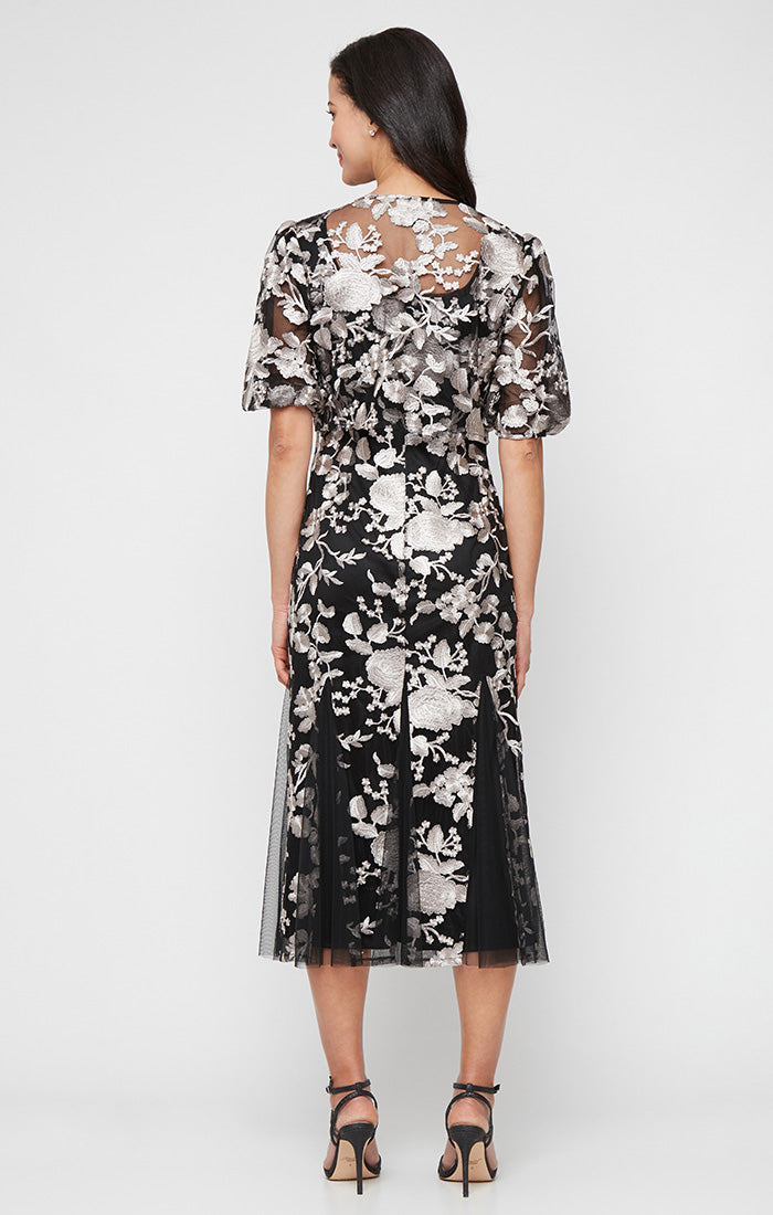Midi Embroidered Jacket Dress with Square Neckline, Godet Detail Skirt and Elbow Sleeve Jacket