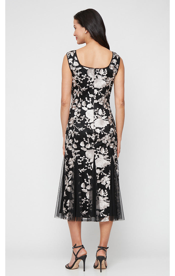 Midi Embroidered Jacket Dress with Square Neckline, Godet Detail Skirt and Elbow Sleeve Jacket