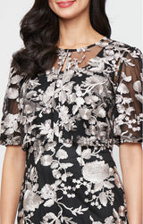 Midi Embroidered Jacket Dress with Square Neckline, Godet Detail Skirt and Elbow Sleeve Jacket