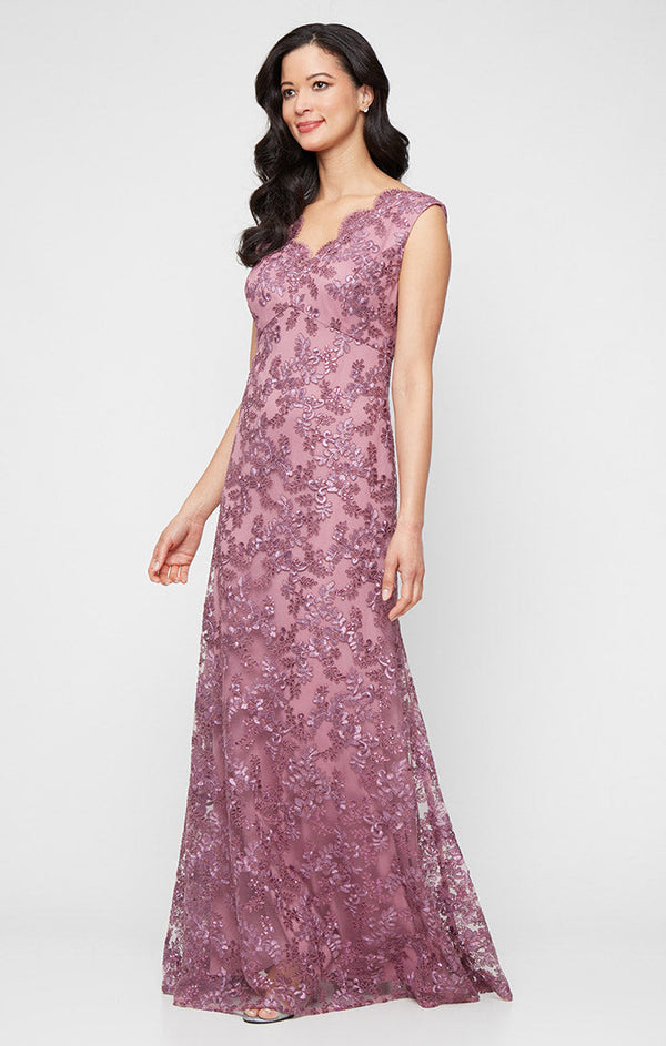 Long Sleeveless Embroidered A-Line Dress with Scallop Detail V-Neckline