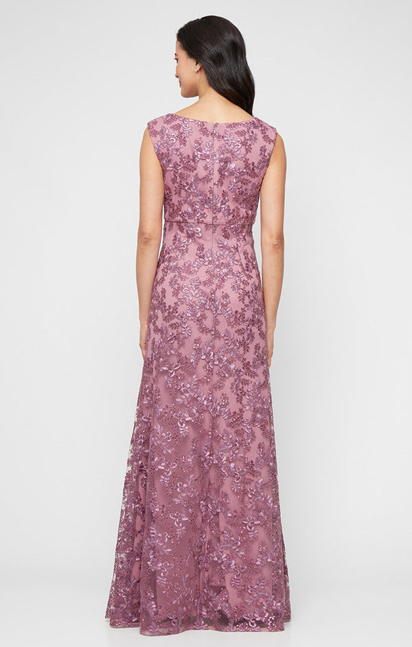Long Sleeveless Embroidered A-Line Dress with Scallop Detail V-Neckline