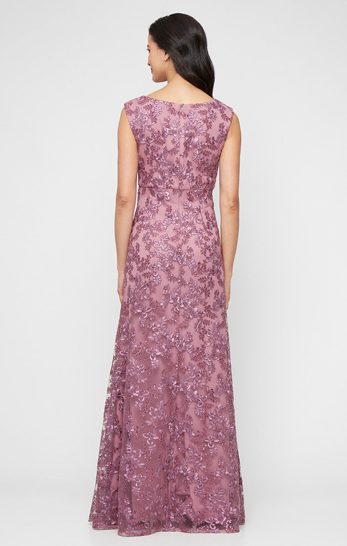 Long Sleeveless Embroidered A-Line Dress with Scallop Detail V-Neckline