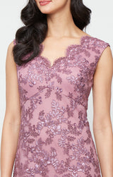 Long Sleeveless Embroidered A-Line Dress with Scallop Detail V-Neckline