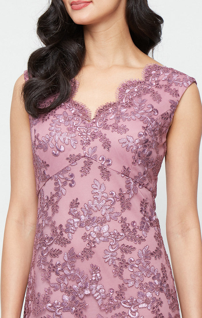 Long Sleeveless Embroidered A-Line Dress with Scallop Detail V-Neckline