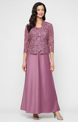 Plus Long Embroidered Tulle Mock Jacket Dress with Open Scallop Detail Jacket and Satin Skirt