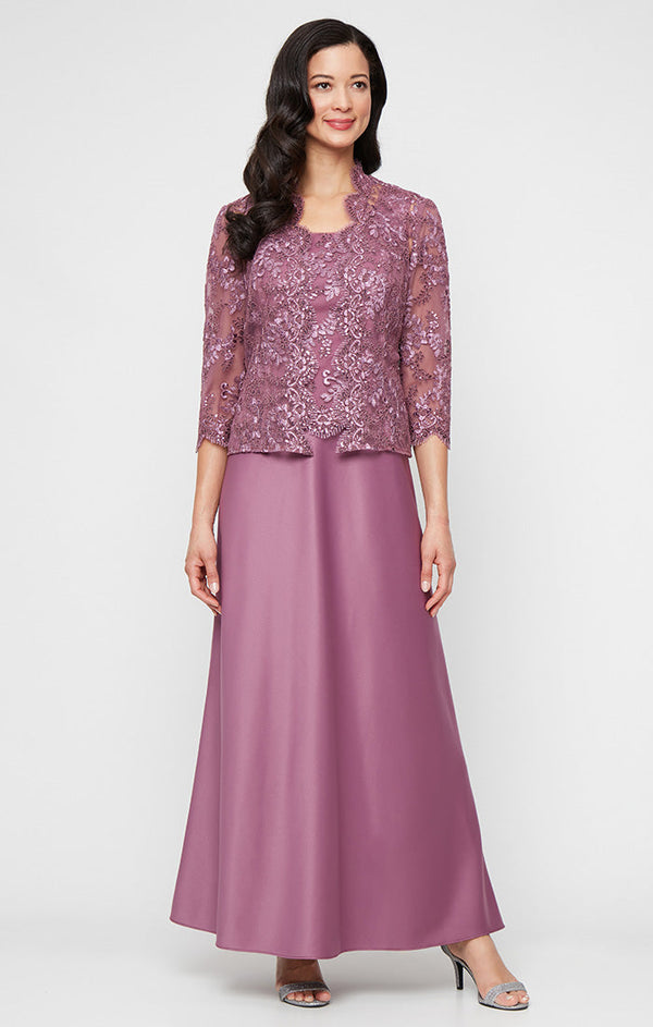 Plus Long Embroidered Tulle Mock Jacket Dress with Open Scallop Detail Jacket and Satin Skirt