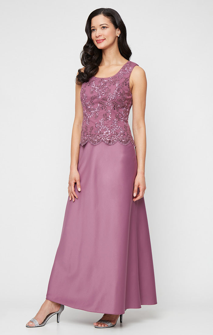 Plus Long Embroidered Tulle Mock Jacket Dress with Open Scallop Detail Jacket and Satin Skirt
