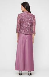 Plus Long Embroidered Tulle Mock Jacket Dress with Open Scallop Detail Jacket and Satin Skirt
