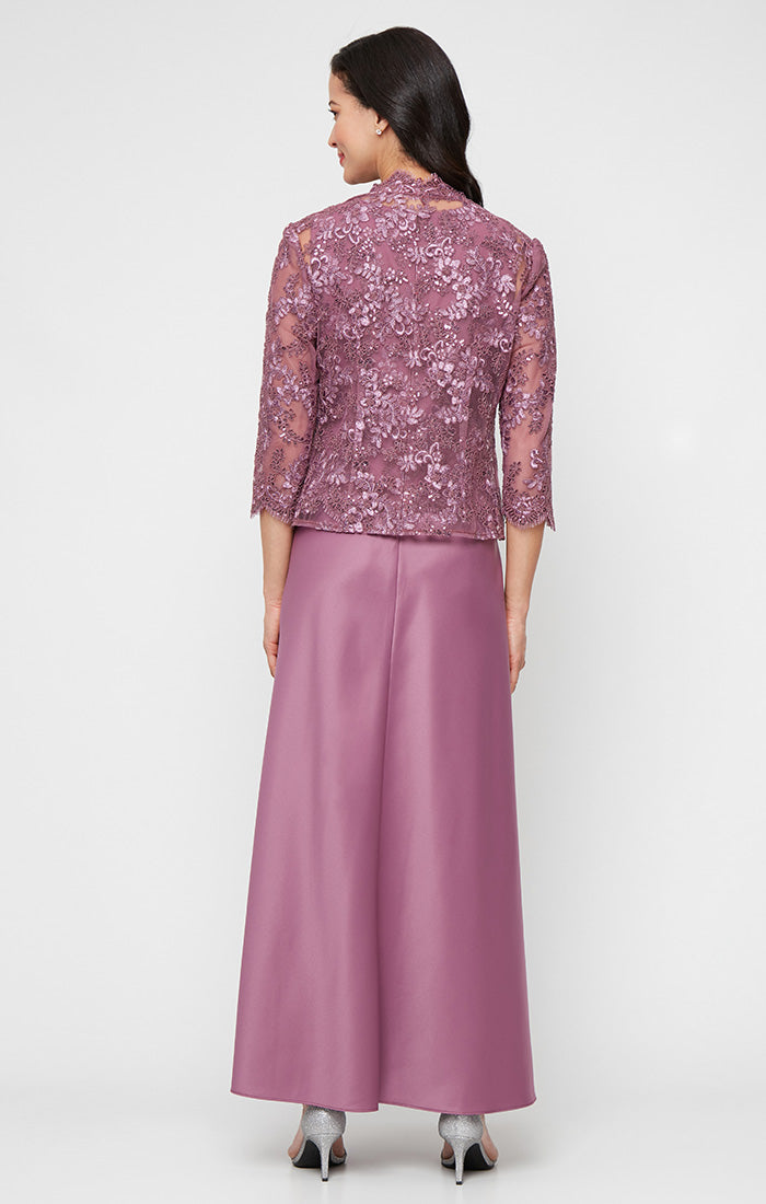 Plus Long Embroidered Tulle Mock Jacket Dress with Open Scallop Detail Jacket and Satin Skirt