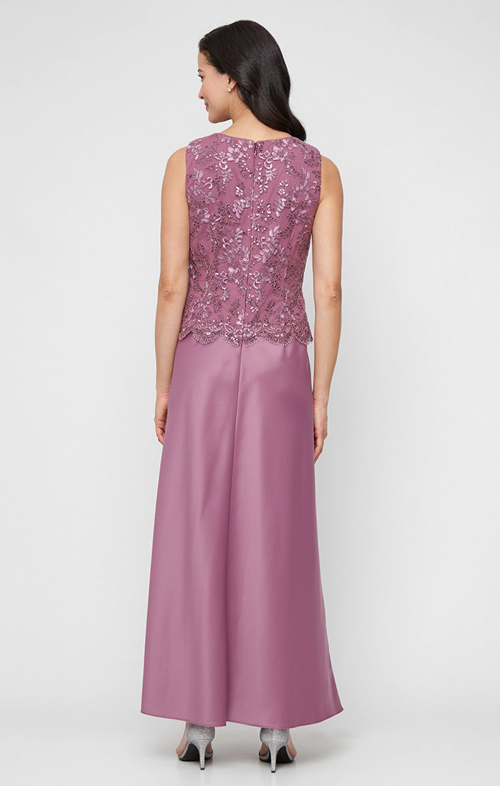 Plus Long Embroidered Tulle Mock Jacket Dress with Open Scallop Detail Jacket and Satin Skirt