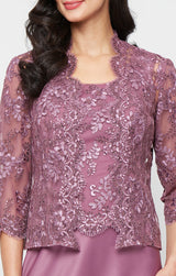 Plus Long Embroidered Tulle Mock Jacket Dress with Open Scallop Detail Jacket and Satin Skirt