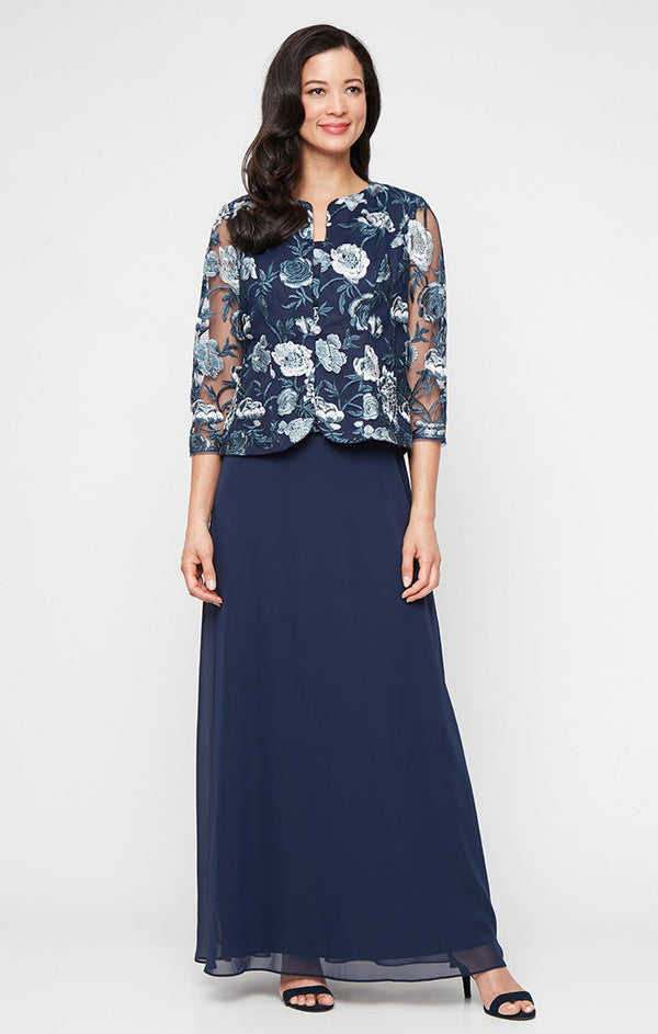 Petite Long Embroidered Tulle Mock Jacket Dress with Scoop Neckline and Chiffon Skirt